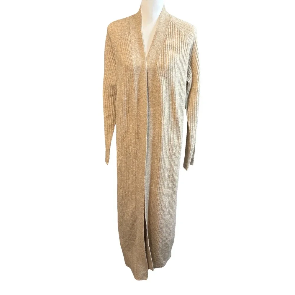 H&M Tan Ribbed Knit Maxi Open Front Cardigan Duster Oversized  XSmall Wool Blend - Picture 6 of 8